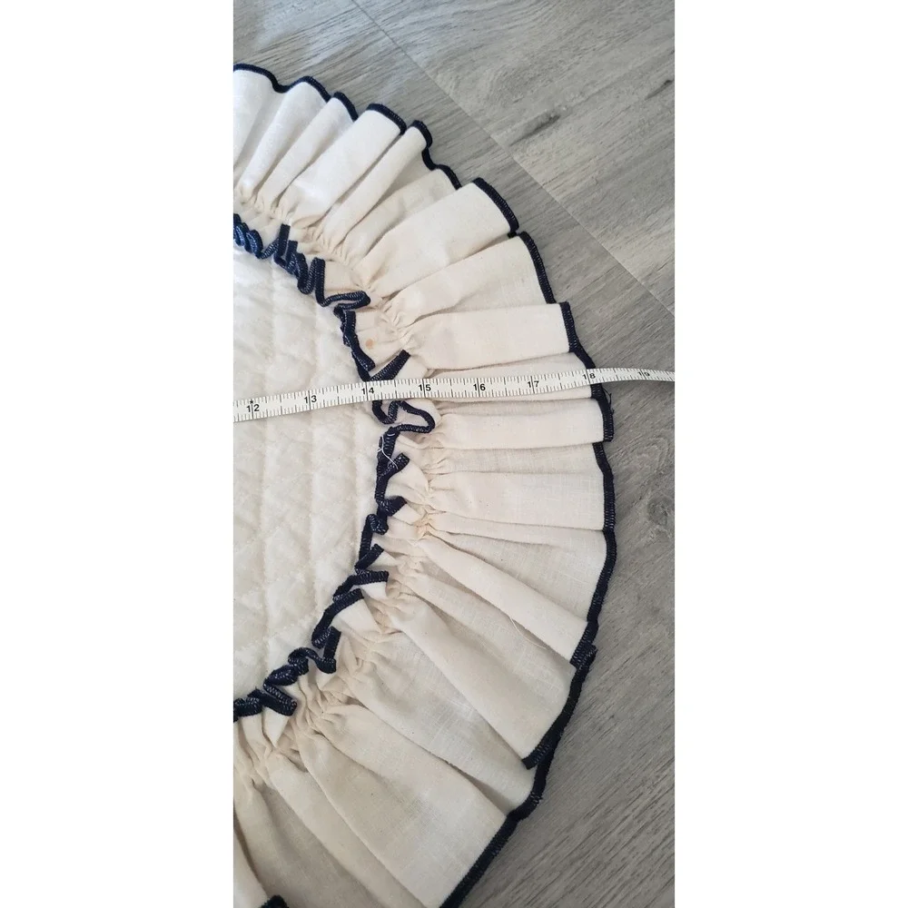 Quilted Ruffle Table Runner and Round Placemat Set Cream Navy Farmhouse Decor